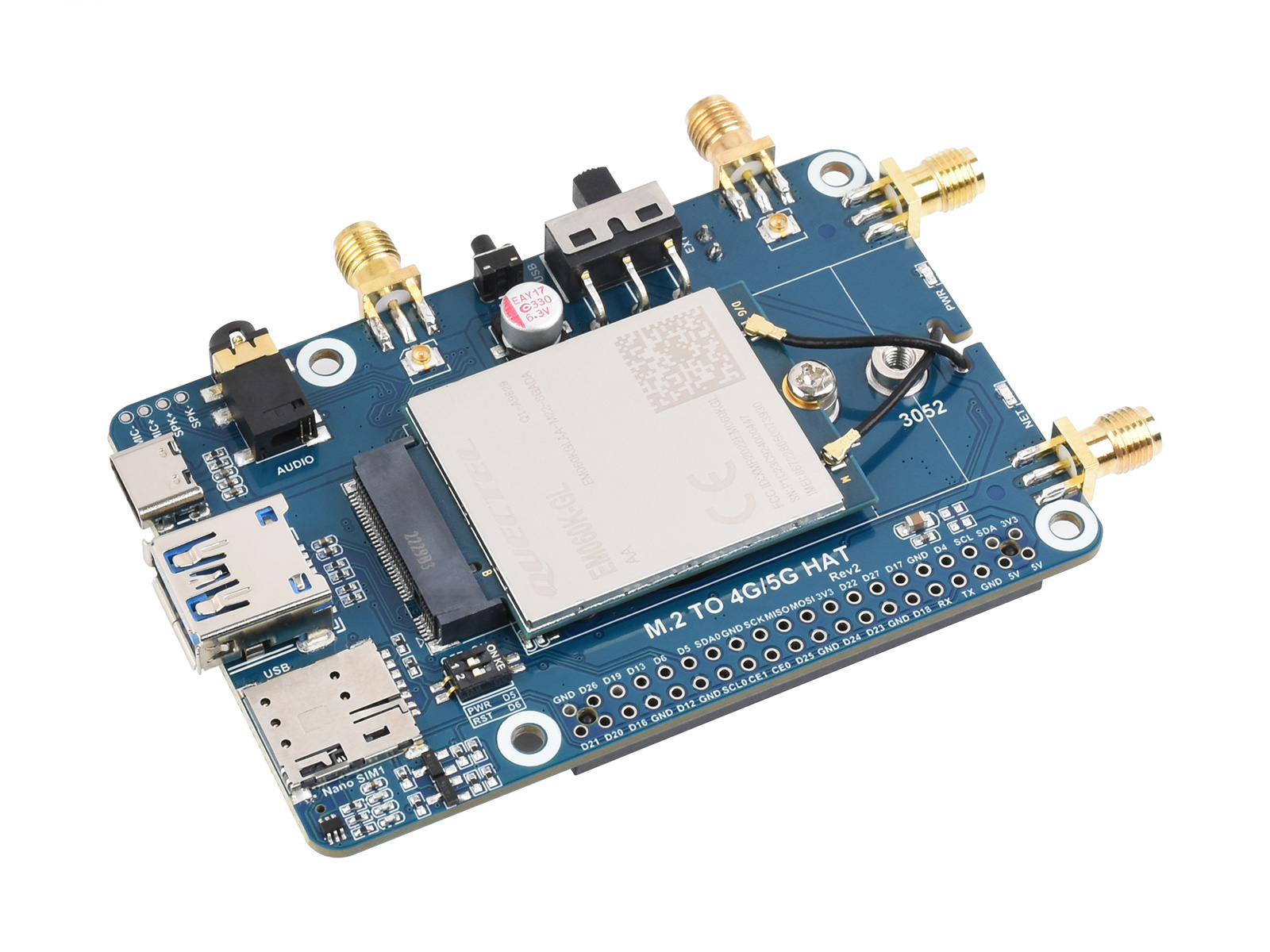 树莓派LTE Cat 6通信扩展板 LTE-A全球通多频段 GNSS定位 配套EM060K-GL模组