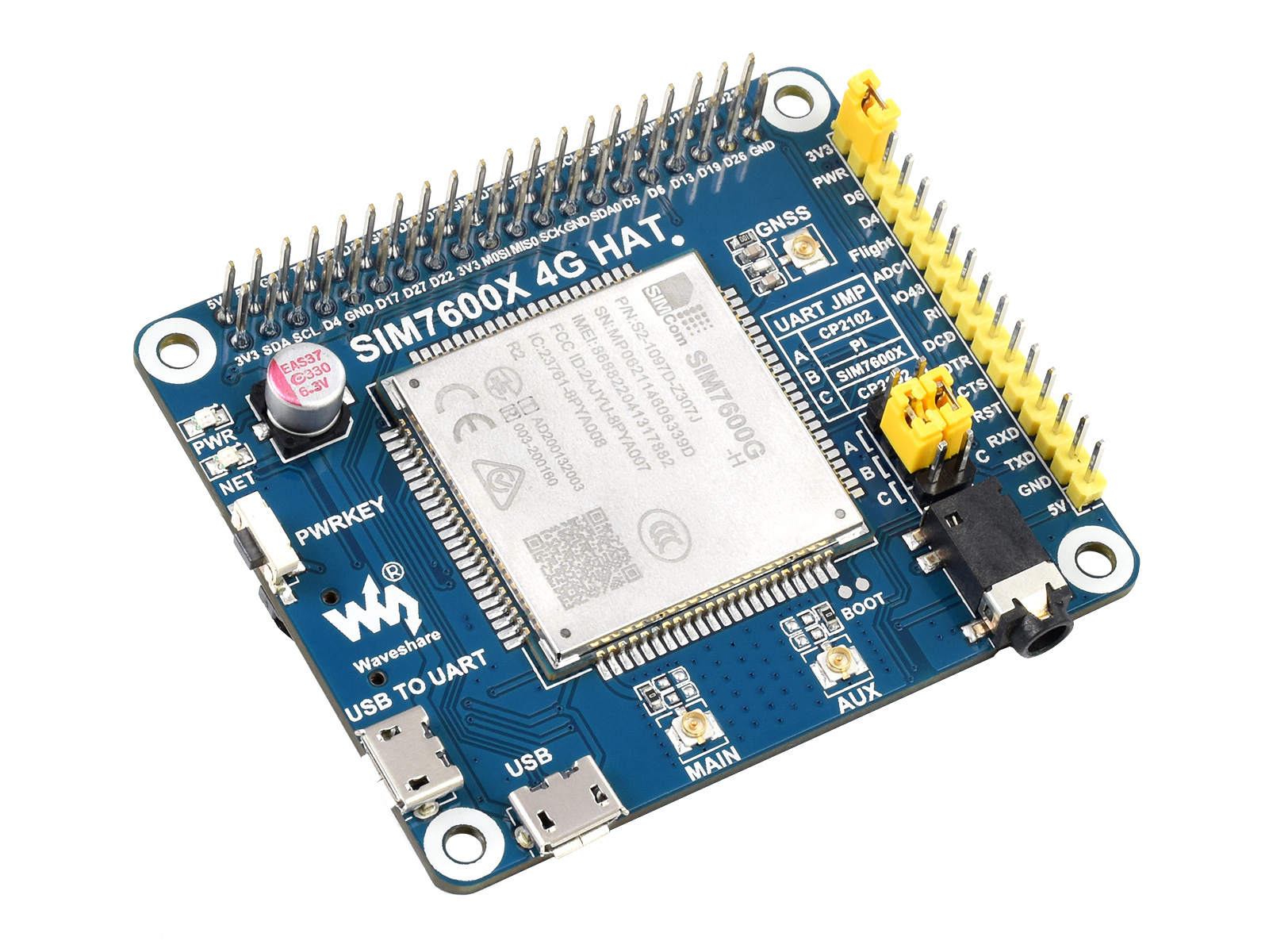 SIM7600G-H 树莓派4G扩展板 全球通 兼容3G/2G 带GNSS定位