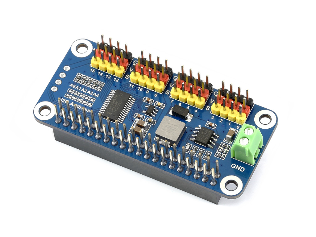 树莓派舵机驱动板 16路12位分辨率(4096级) I2C接口 直排针版