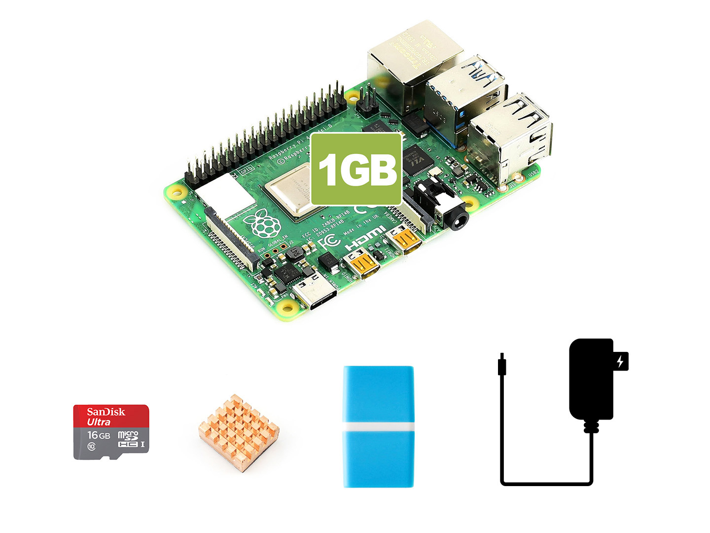 树莓派4代B入门套餐  含Pi4B-1GB 16G SD卡 散热片 电源