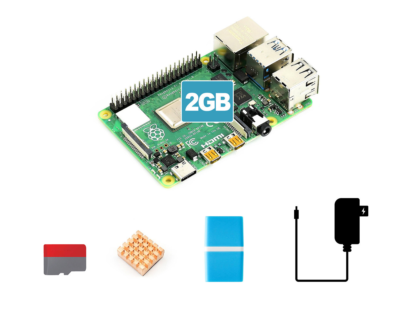 树莓派4代B入门套餐 含Pi4B-2GB 16G SD卡 散热片 电源等