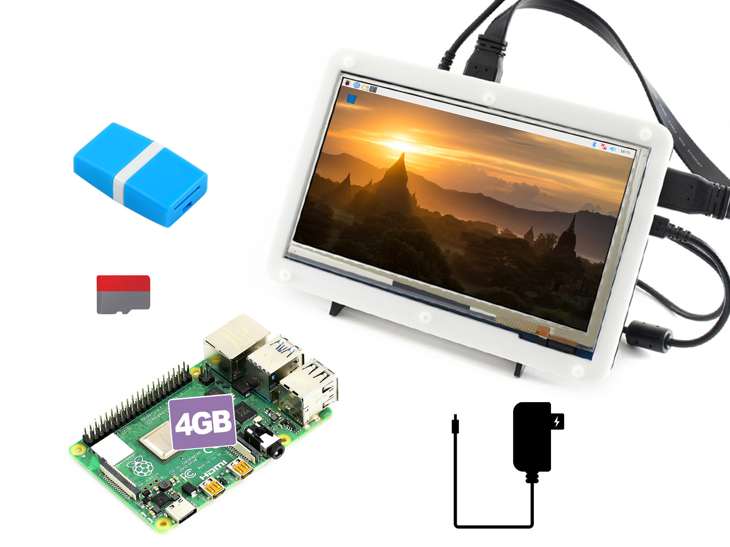 树莓派4代B显示套餐 含PI4B-4GB 7寸电容屏超清屏 SD卡等