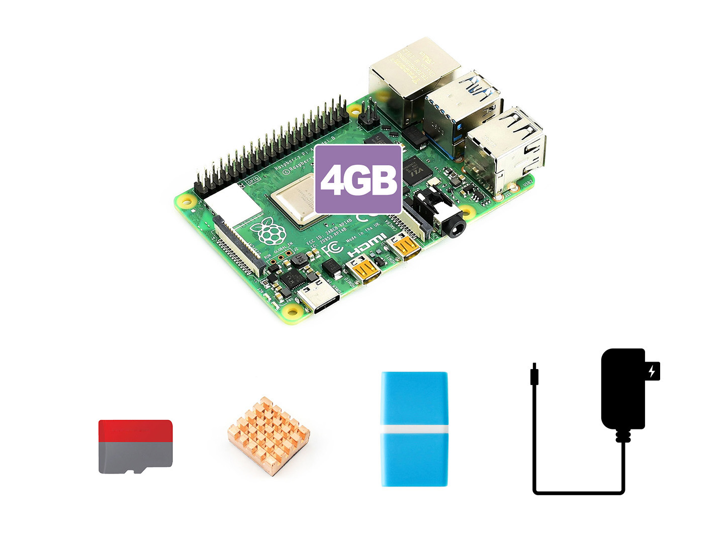 树莓派4代B入门套餐 含Pi4B-4GB 16G SD卡 散热片 电源等