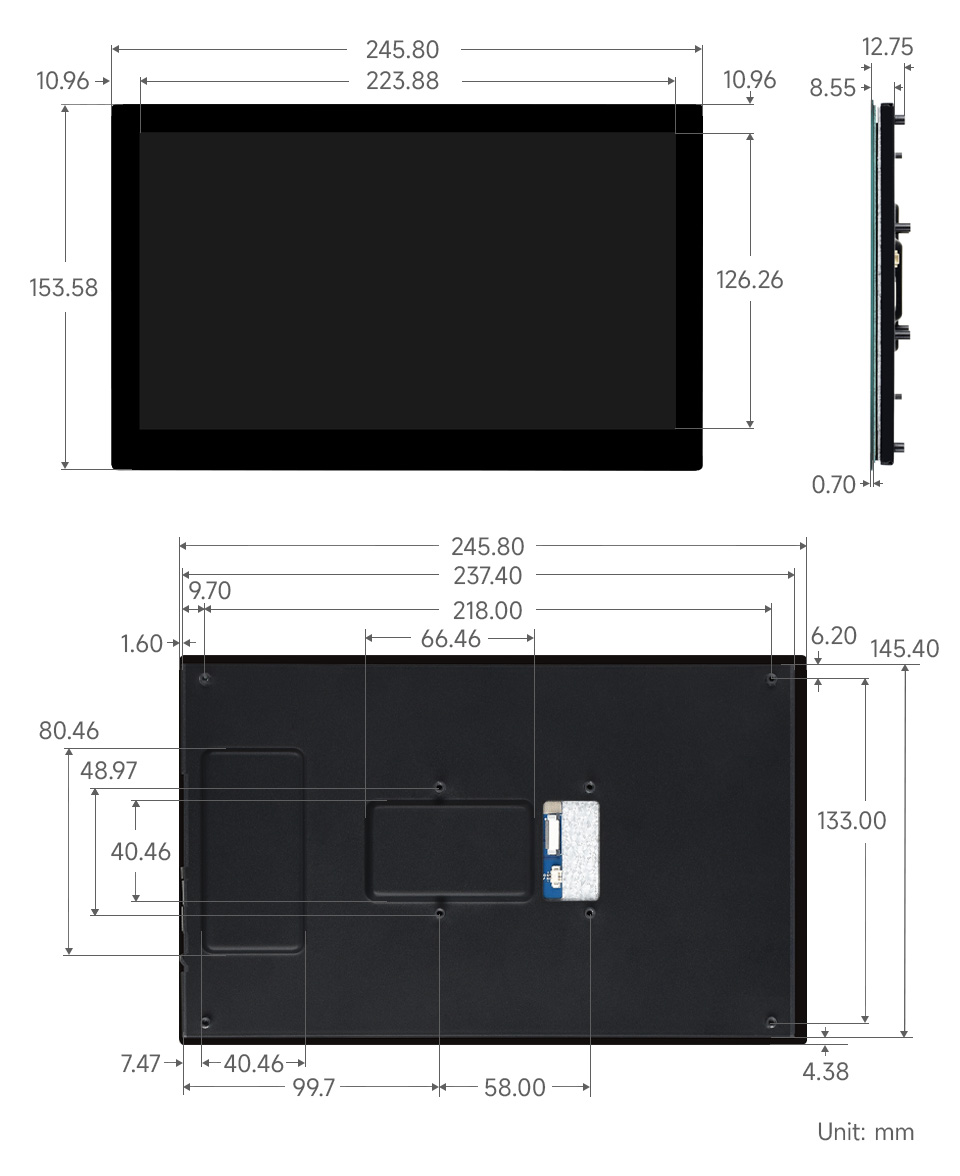 10.1 英寸 DSI 显示屏触控屏产品尺寸