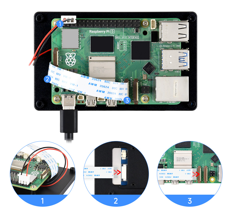 4/4.3 英寸 DSI 显示屏 接入树莓派5 连接图示