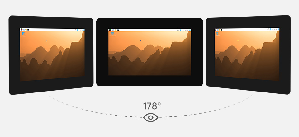 5 英寸 DSI 显示屏/触控屏，从三个角度观察 IPS 显示面板，178 可视角度