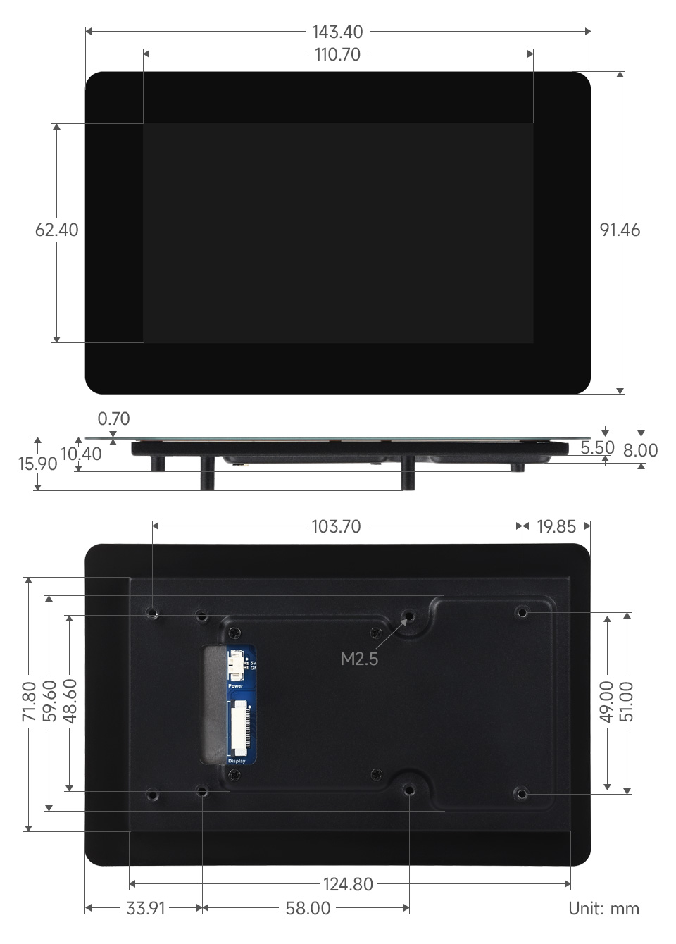 5 英寸 DSI 显示屏/触控屏产品尺寸