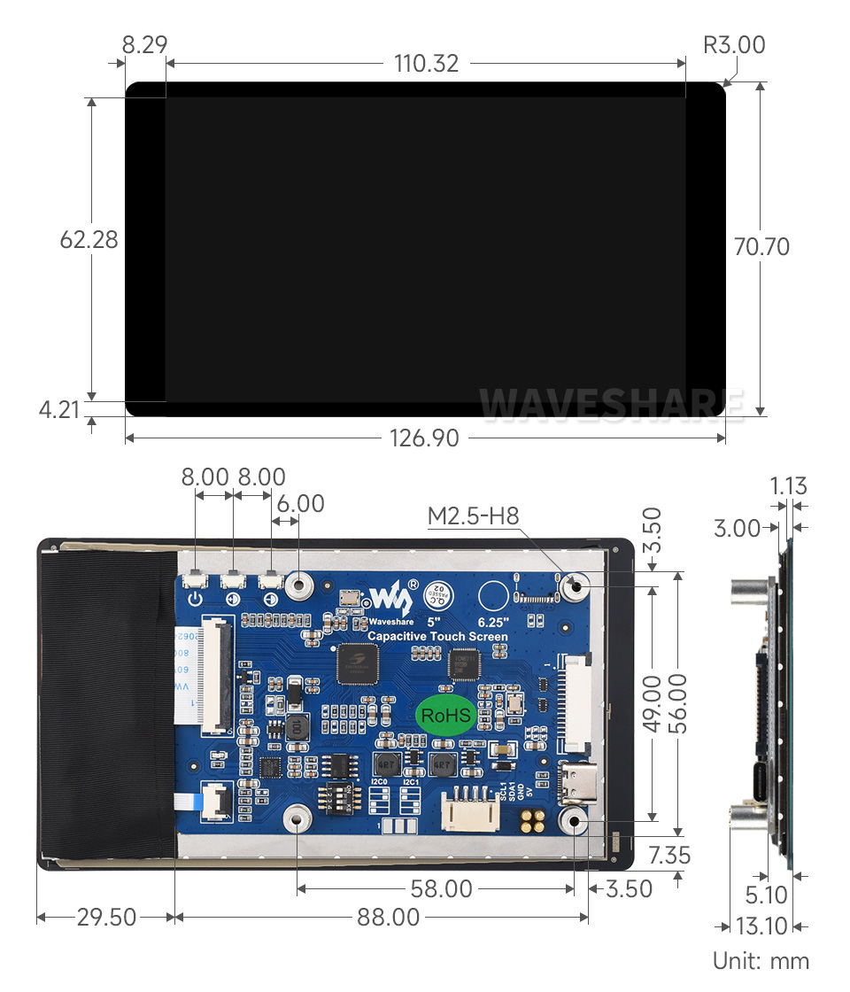 5 英寸触控屏标准版尺寸