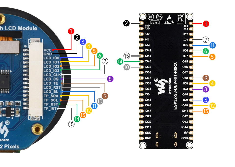 1.46 英寸触摸 LCD 扩展板 接入 ESP32-S3-DEV-KIT 开发板 硬件连接示例