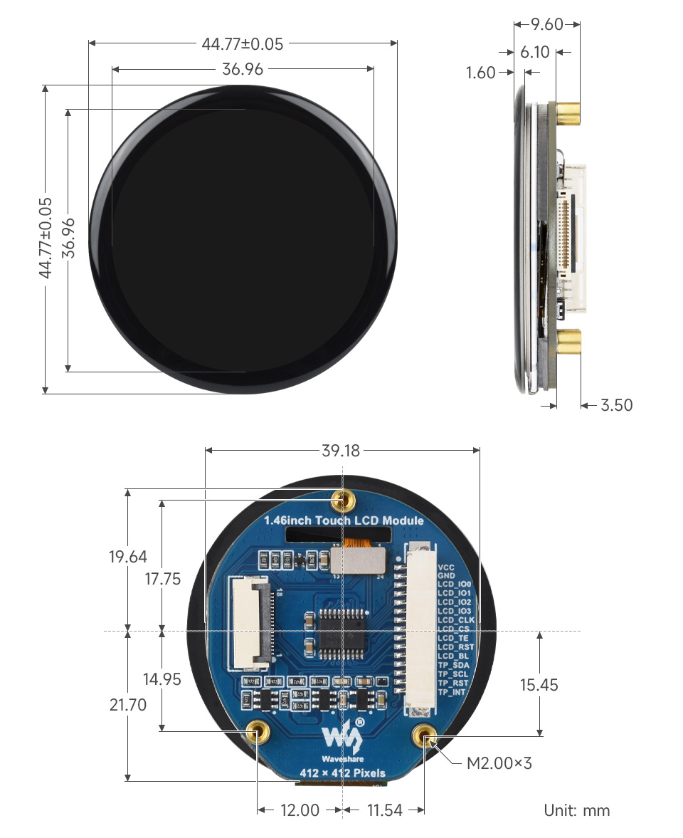 1.46 英寸触摸 LCD 扩展板产品尺寸