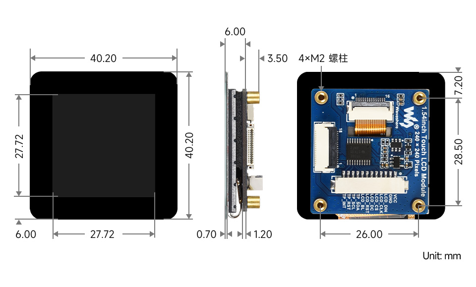 1.54 英寸触摸 LCD 扩展板产品尺寸