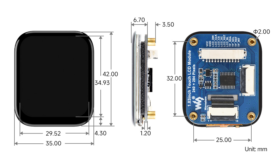 1.83 英寸触摸 LCD 扩展板产品尺寸