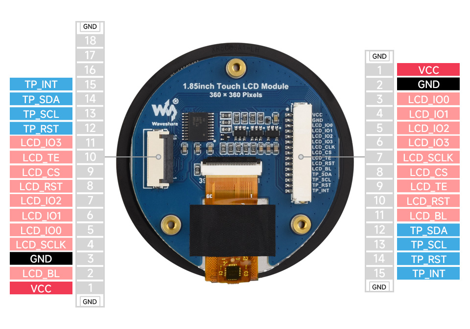 1.85 英寸圆形 LCD 模块 15Pin 及 18Pin 引脚定义