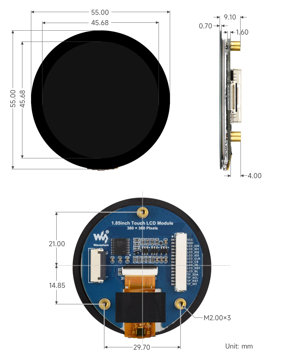 1.85 英寸圆形触摸 LCD 模块机械尺寸图
