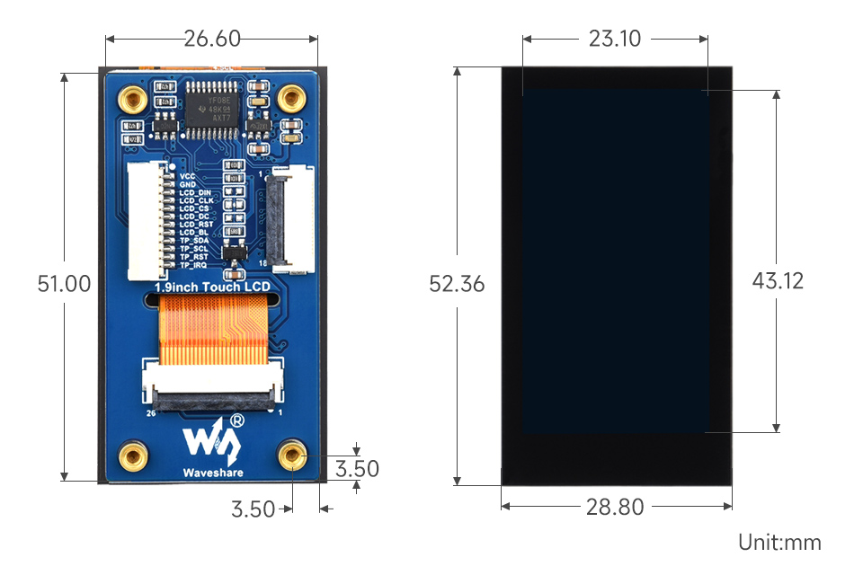 1.9 英寸触摸  LCD 扩展板产品尺寸