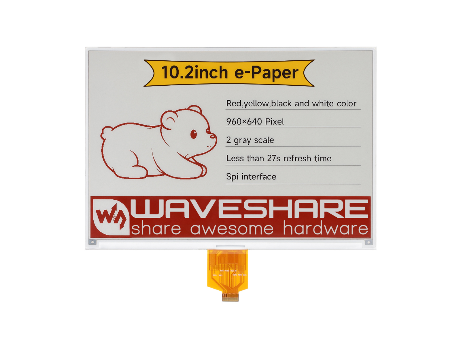 10.2 寸e-Paper 红黄黑白电子墨水屏裸屏 960×640 像素 SPI通信