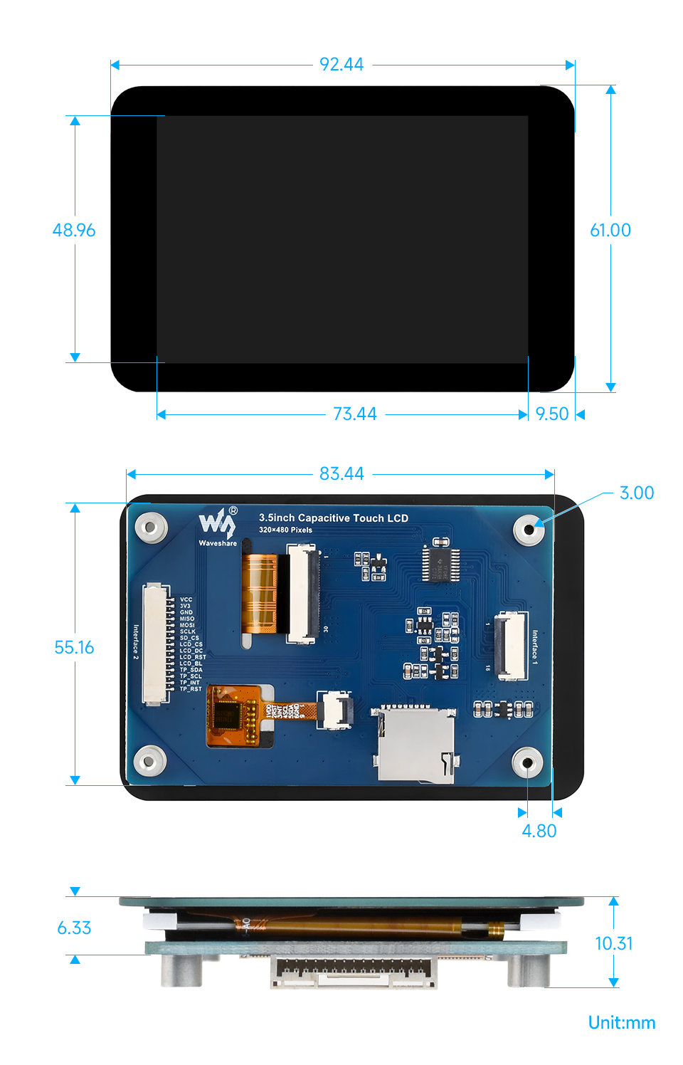 3.5 英寸触摸  LCD 扩展板产品尺寸