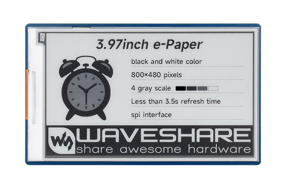 3.97 英寸电子墨水屏模块主图，屏幕显示效果，标签作用效果，显示黑白