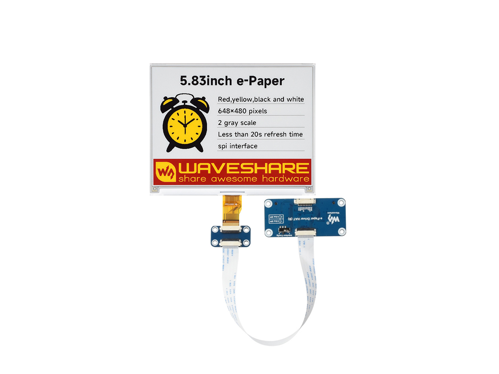 5.83 英寸 e-Paper 红黄黑白电子墨水屏模块版 648 × 480 像素 SPI 通信