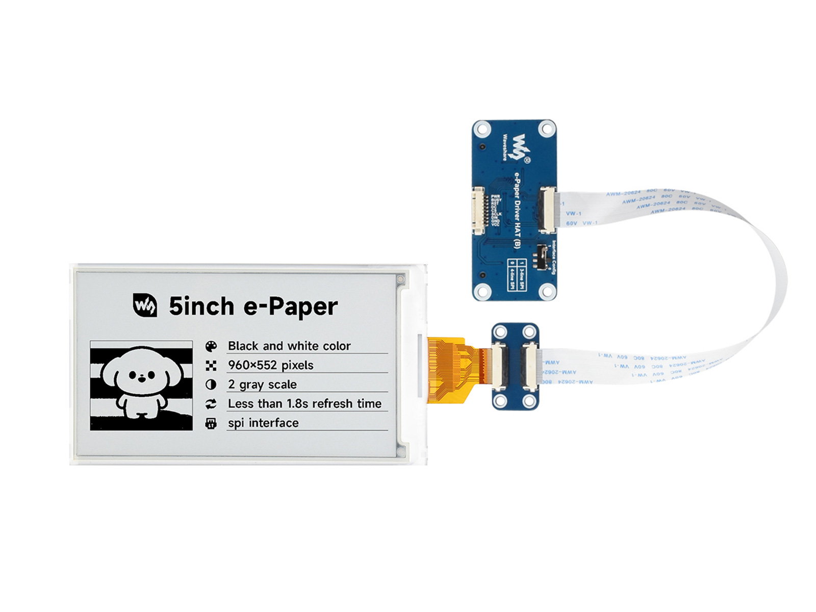 5 寸 e-Paper 黑白电子墨水屏裸屏 960 × 552 像素 SPI 通信 基于 Raspberry Pi 40PIN GPIO 接口设计