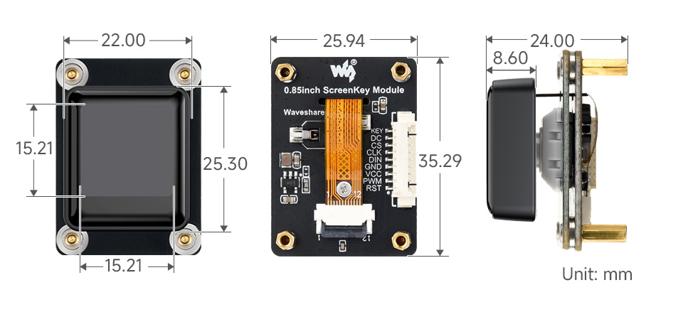 ESP32-S3 0.85英寸LCD屏开发板产品尺寸图