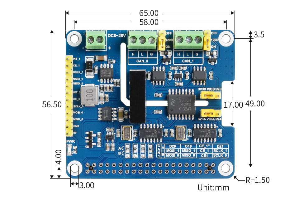 树莓派双通道隔离型CAN FD总线扩展板尺寸