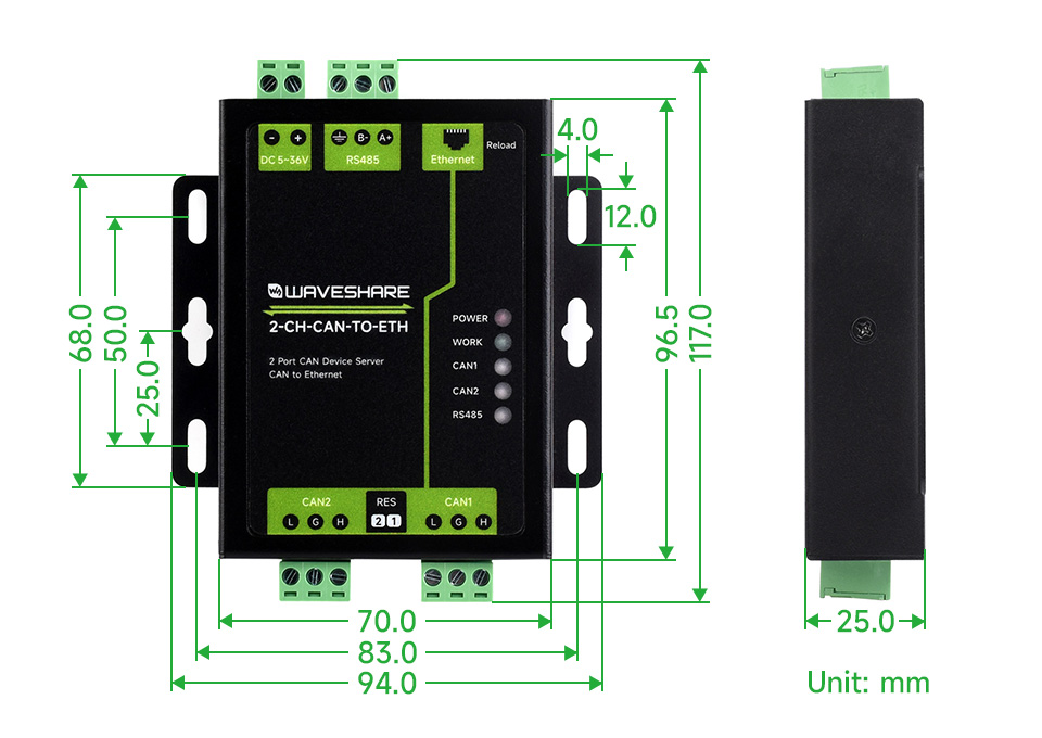 工业级双 CAN 转以太网服务器产品尺寸