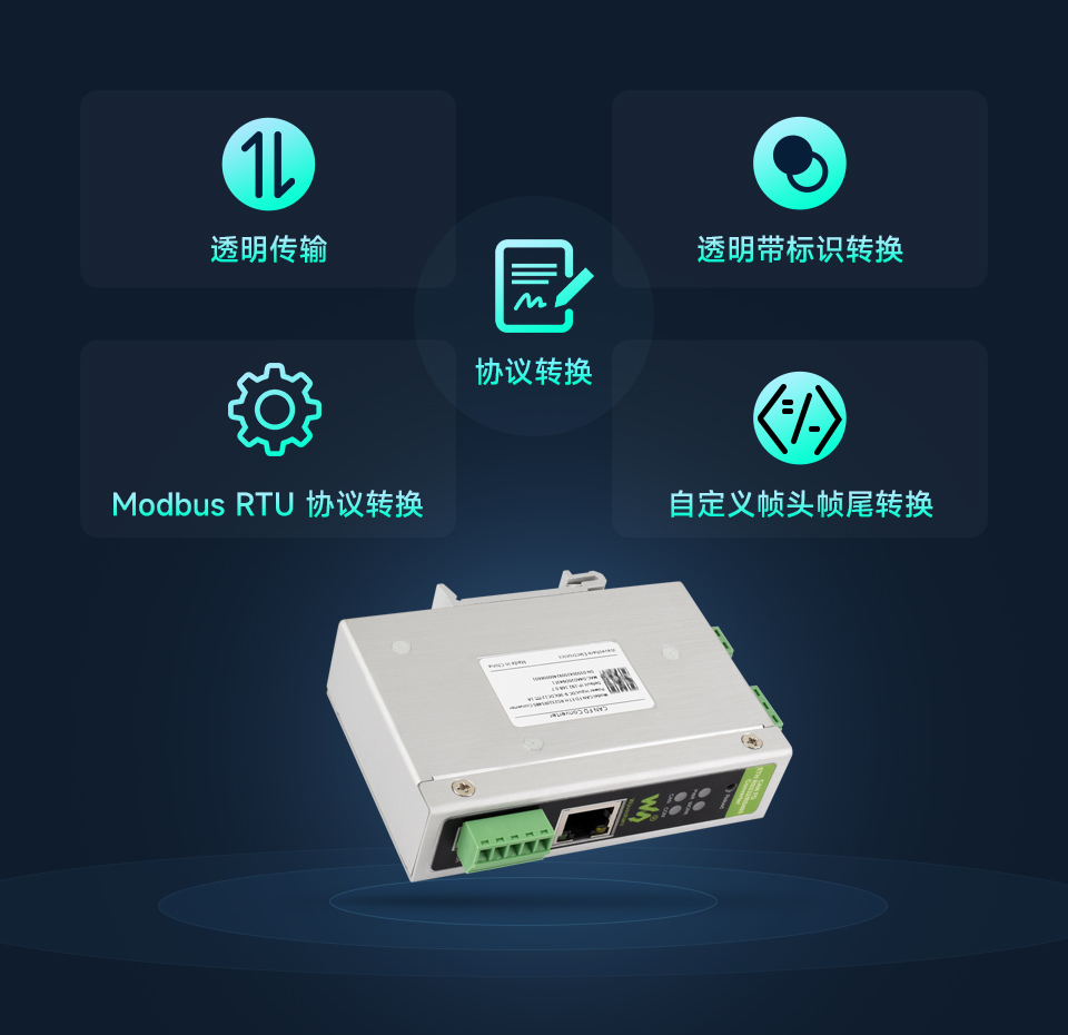 工业级 CAN FD ETH RS232/RS485 转换器 支持透明转换、透明带 ID 转换、标准转换、Modbus 转换及自定义帧头帧尾转换模式