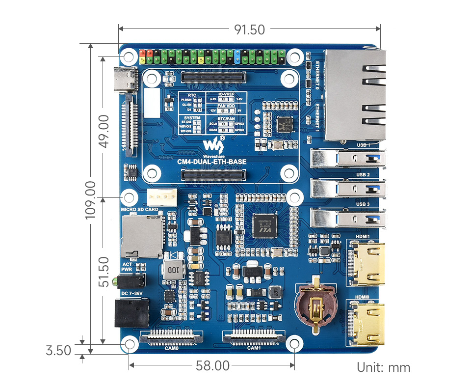 CM4 计算模块又网口主机产品尺寸