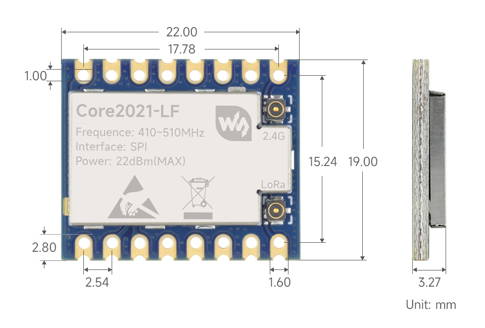 Core2021 LoRa 模组尺寸图 19x22mm
