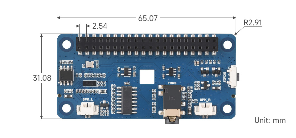 树莓派 DA7212 I2S 音频声卡产品尺寸