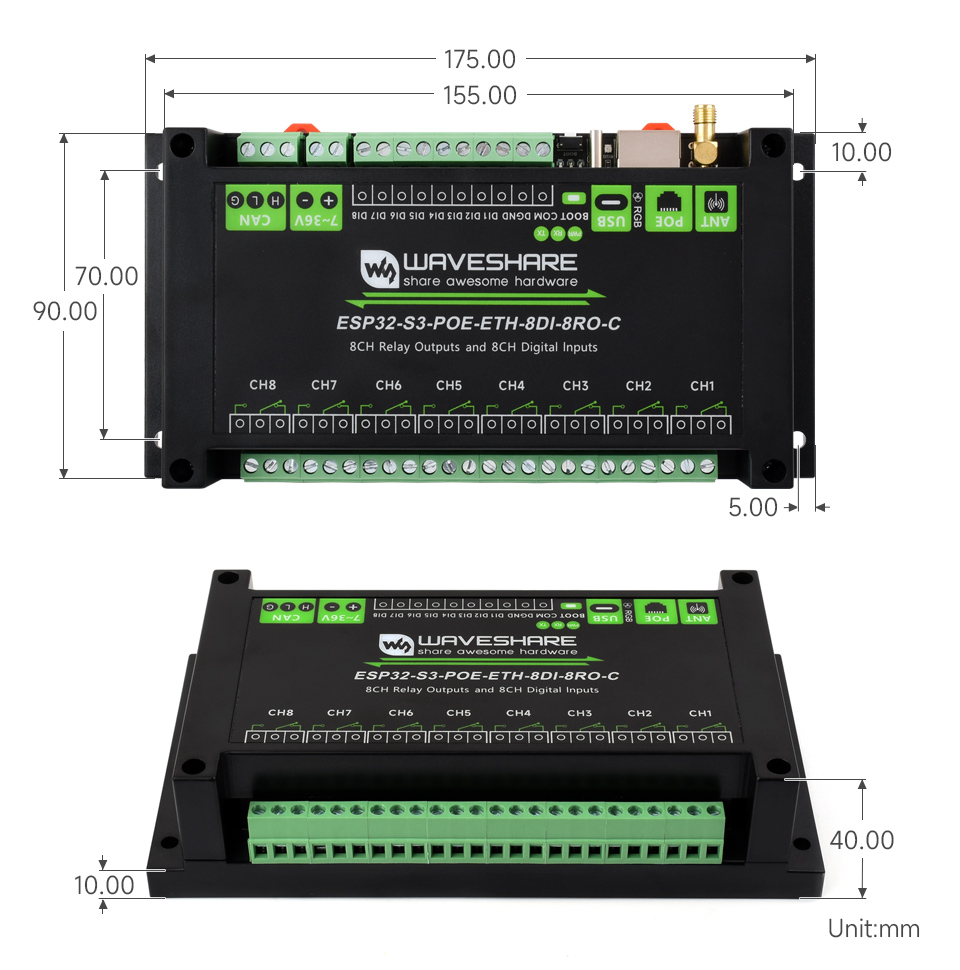 ESP32-S3 工控板 工业级 8 路 Wi-Fi 网络继电器产品尺寸