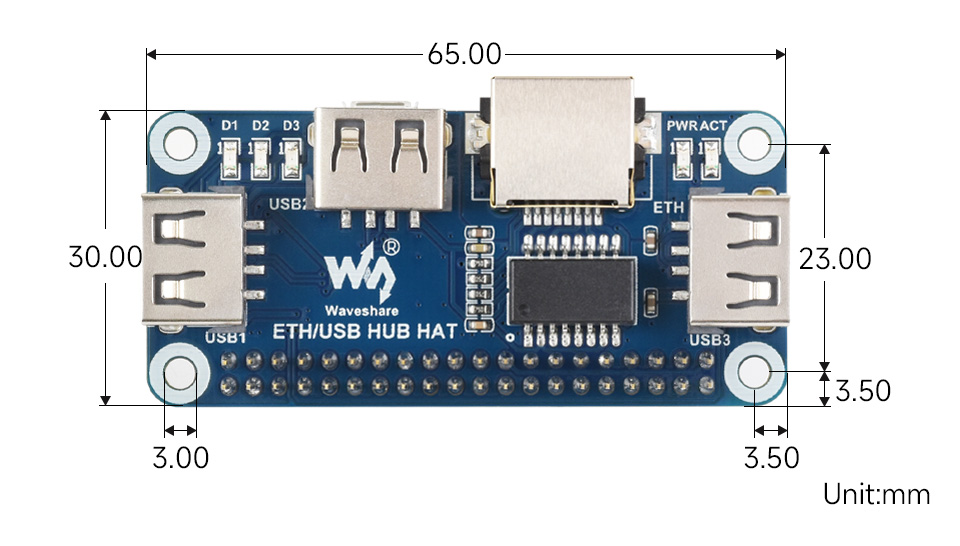 树莓派 USB HUB扩展板产品尺寸