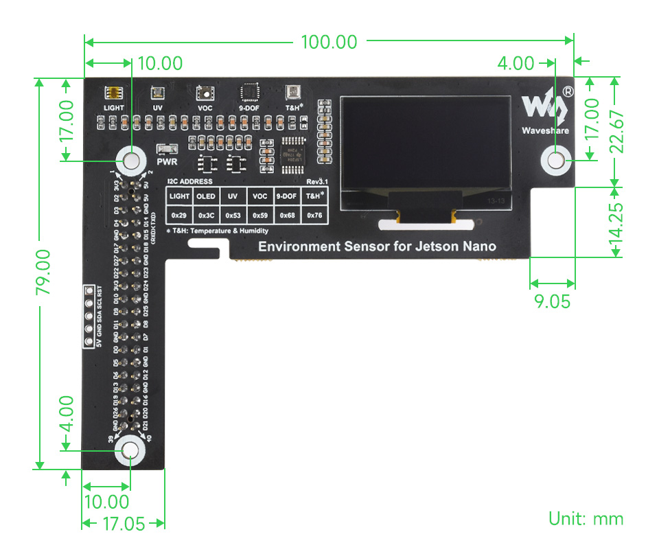 Jetson Nano 环境传感器扩展板产品尺寸