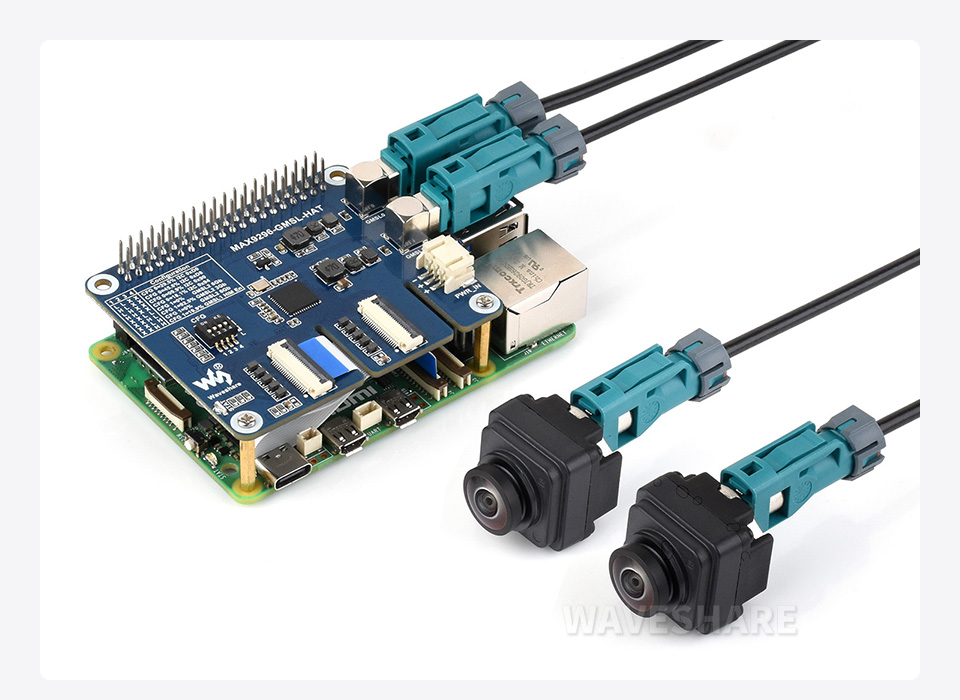 GMSL 1MP 摄像头模组连接示意图，显示与扩展板的连接方式