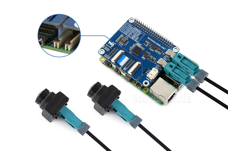 GMSL 2MP 摄像头模组连接示意图，显示与扩展板的连接方式