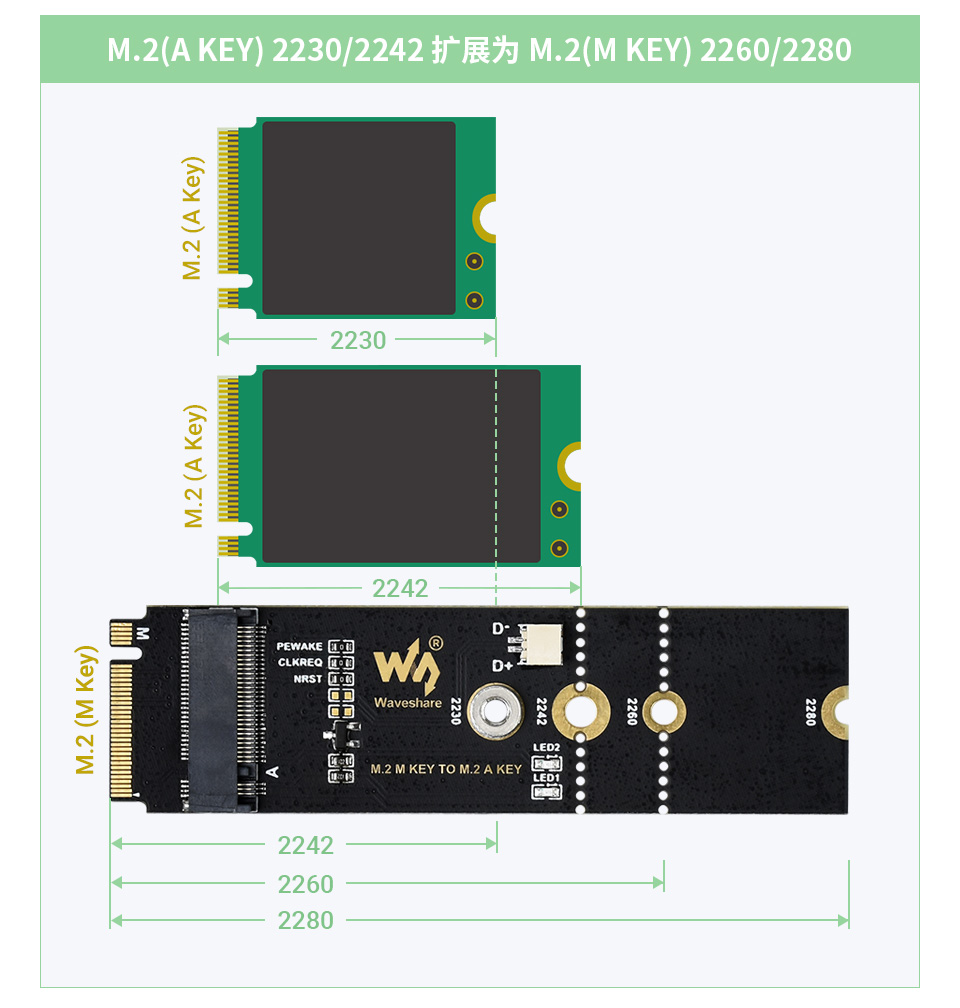 M.2 M 转 M.2 A 接口转接板多种尺寸兼容