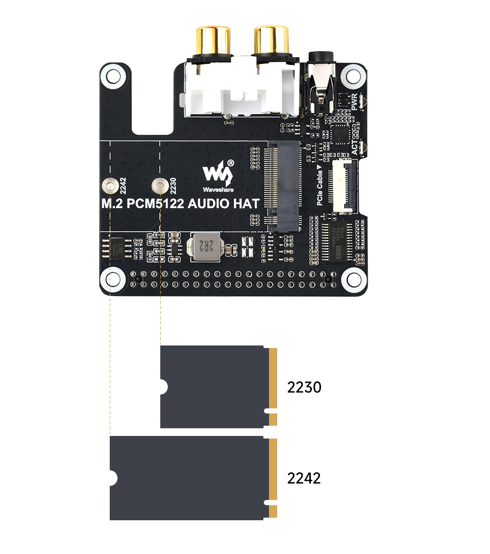 PCIe 转 M.2 和 I2S 音频扩展板，兼容 2230/2242 尺寸的 M.2 硬盘，支持 Gen2 标准，支持从 SSD 启动 PI5， 支持 M.2 M KEY AI 模块