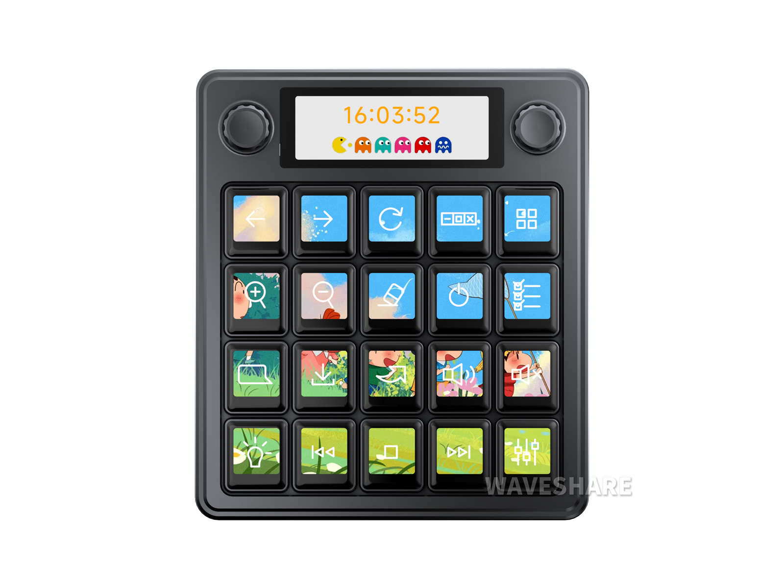 Waveshare MK20 多功能 AI 语音控制面板 20个 0.85 英寸机械 LCD 按键 2.8 英寸副屏 高精度双旋钮 Linux + QMK 双系统架构 支持Aida64 小智 AI deepseek