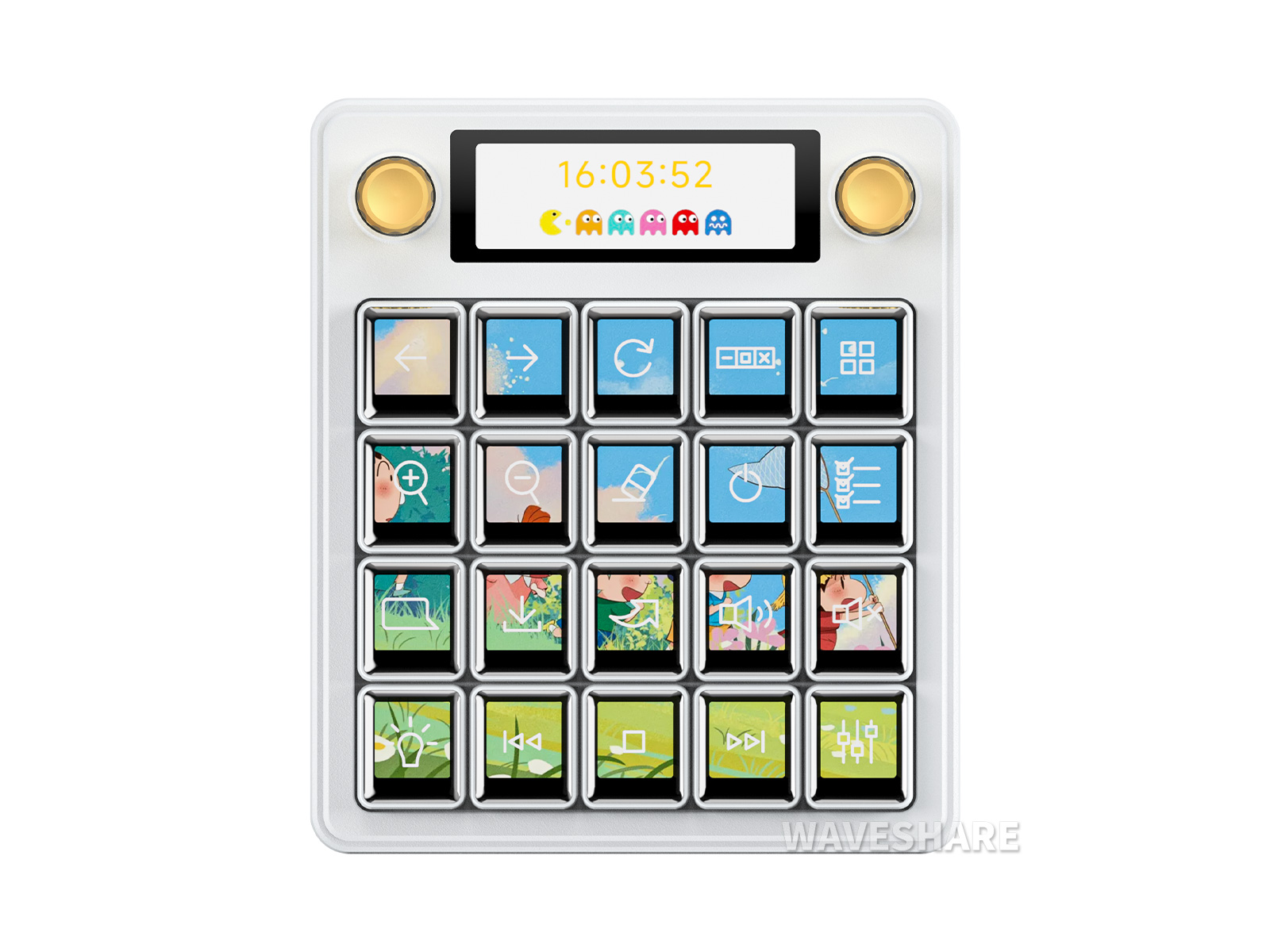 Waveshare MK20 多功能 AI 语音控制面板 20个 0.85 英寸机械 LCD 按键 2.8 英寸副屏 高精度双旋钮 Linux + QMK 双系统架构 支持Aida64 小智 AI deepseek