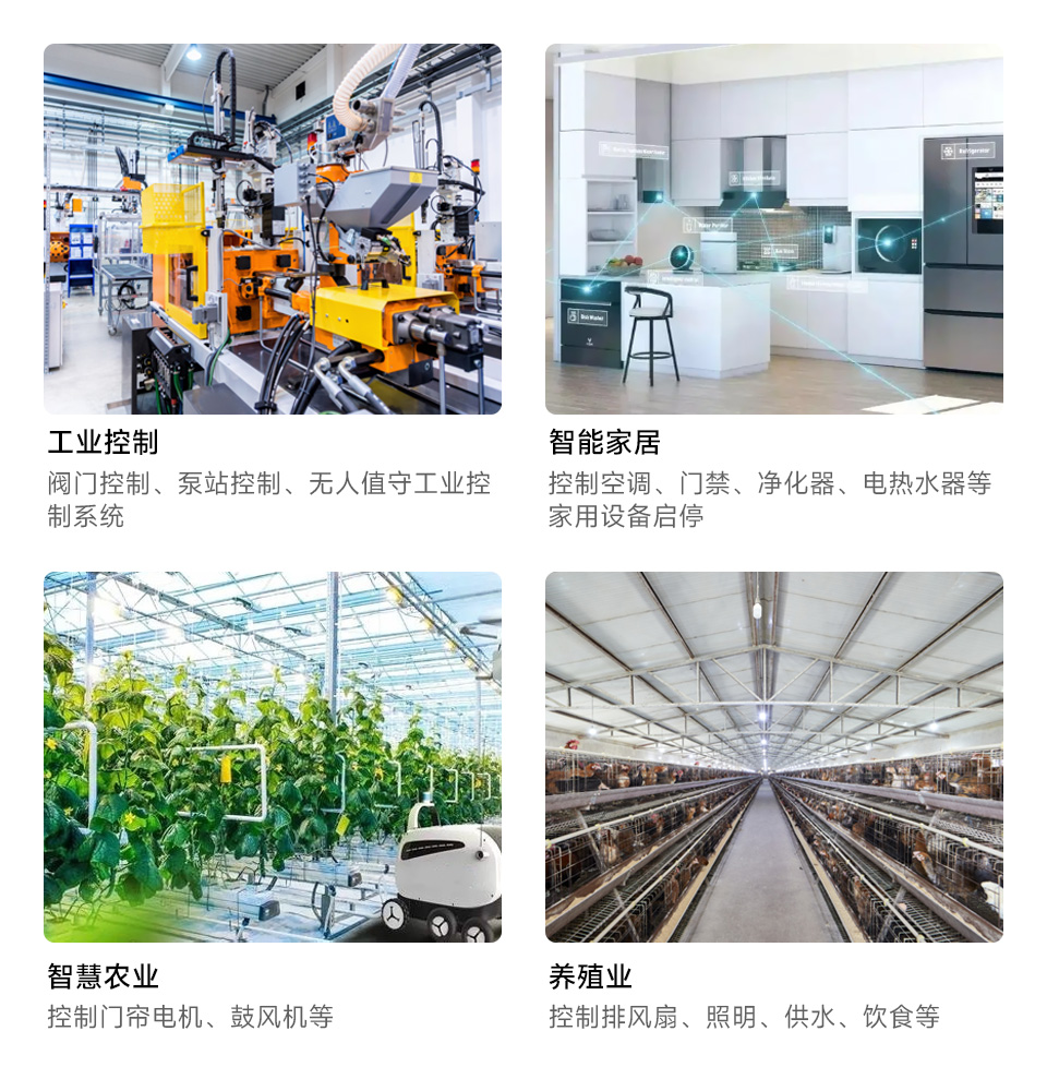 16 路以太网继电器模块智慧农业解决方案，分别为工业控制、智能家居、智慧农业、养殖业等场景的应用