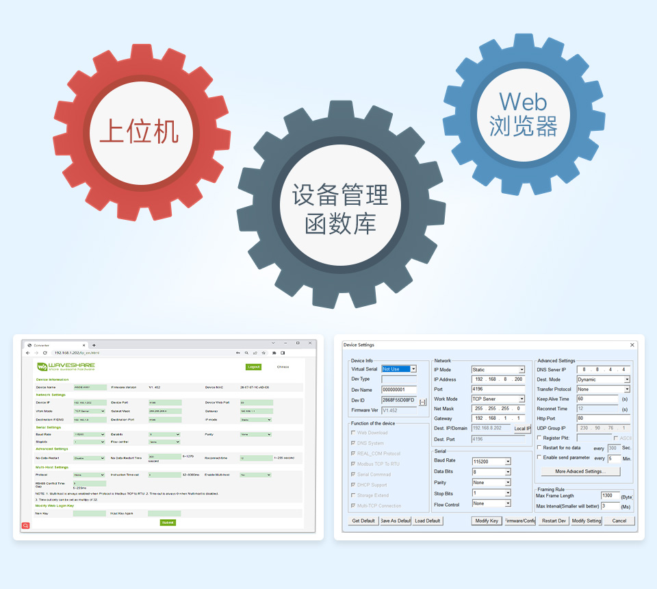 16 路以太网继电器模块，上位机配置，设备管理函数库配置和web浏览器配置三种配置方式，3个齿轮