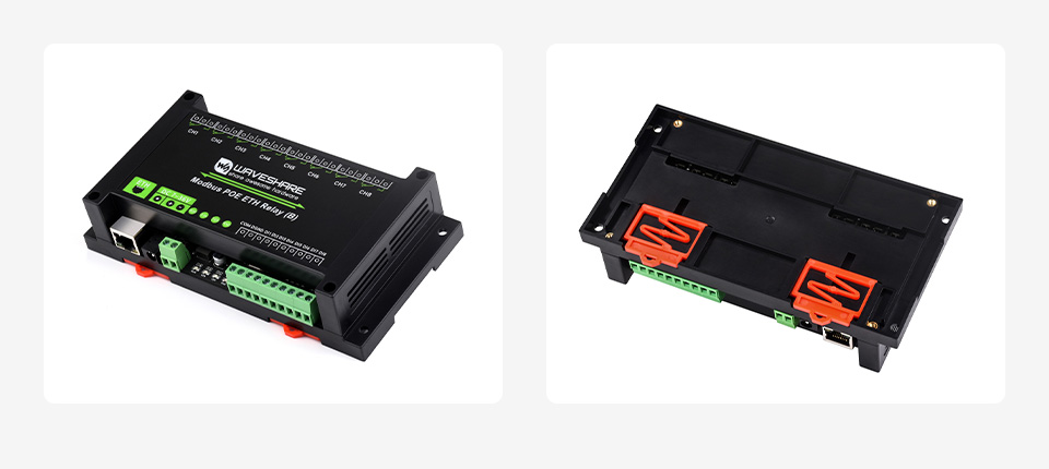 8路以太网带开关输入继电器模块导轨式外壳设计，正侧图和背侧图