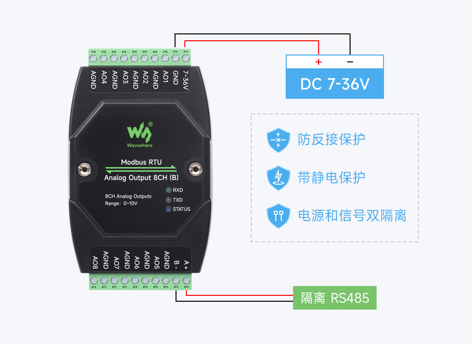 工业级 8 路模拟量输出模块宽电压供电