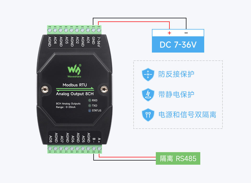 工业级 8 路模拟量输出模块宽电压供电，隔离 RS485