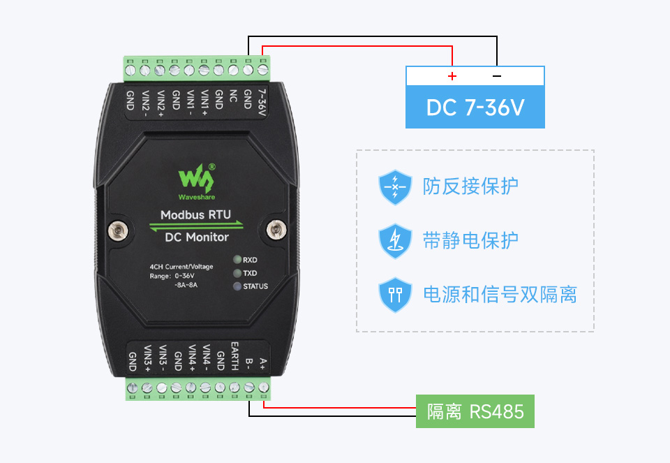 工业级 4 路直流电流、电压和功率检测模块块宽电压供电