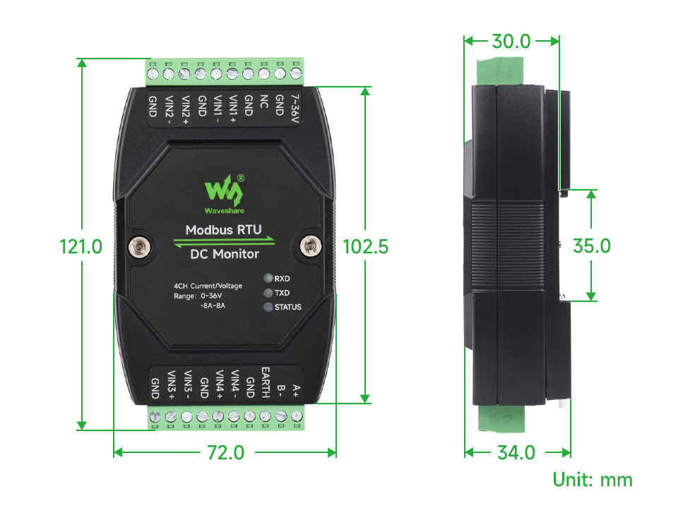 工业级 4 路直流电流、电压和功率检测模块块产品尺寸