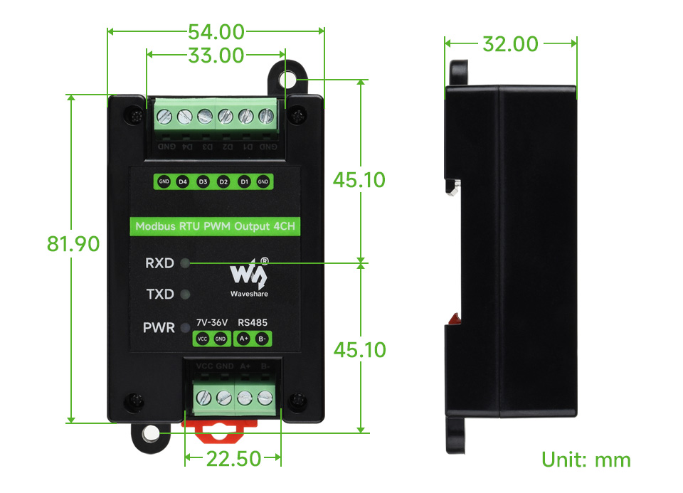 工业级四路 PWM 脉冲输出模块产品尺寸