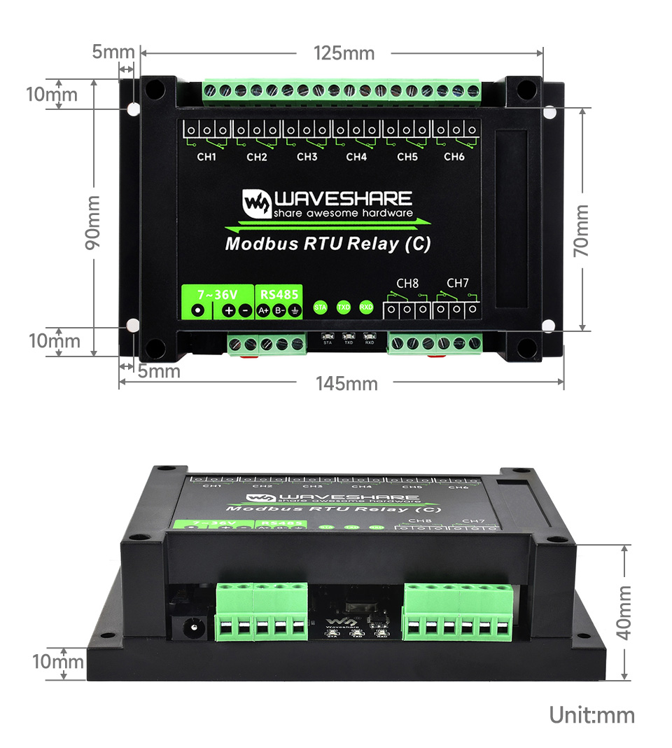8 路 RS485 继电器模块产品尺寸