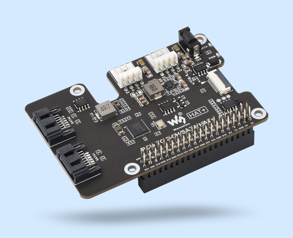 树莓派5 PCIe 转双通道 SATA 扩展板，小巧一体式散热蓝底主图